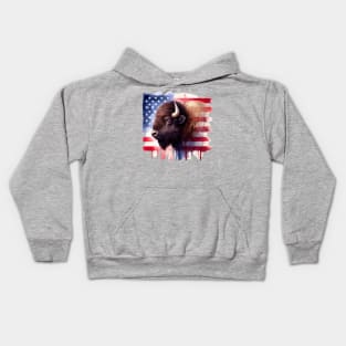 Bison portrait with United States of America flag background watercolor Kids Hoodie